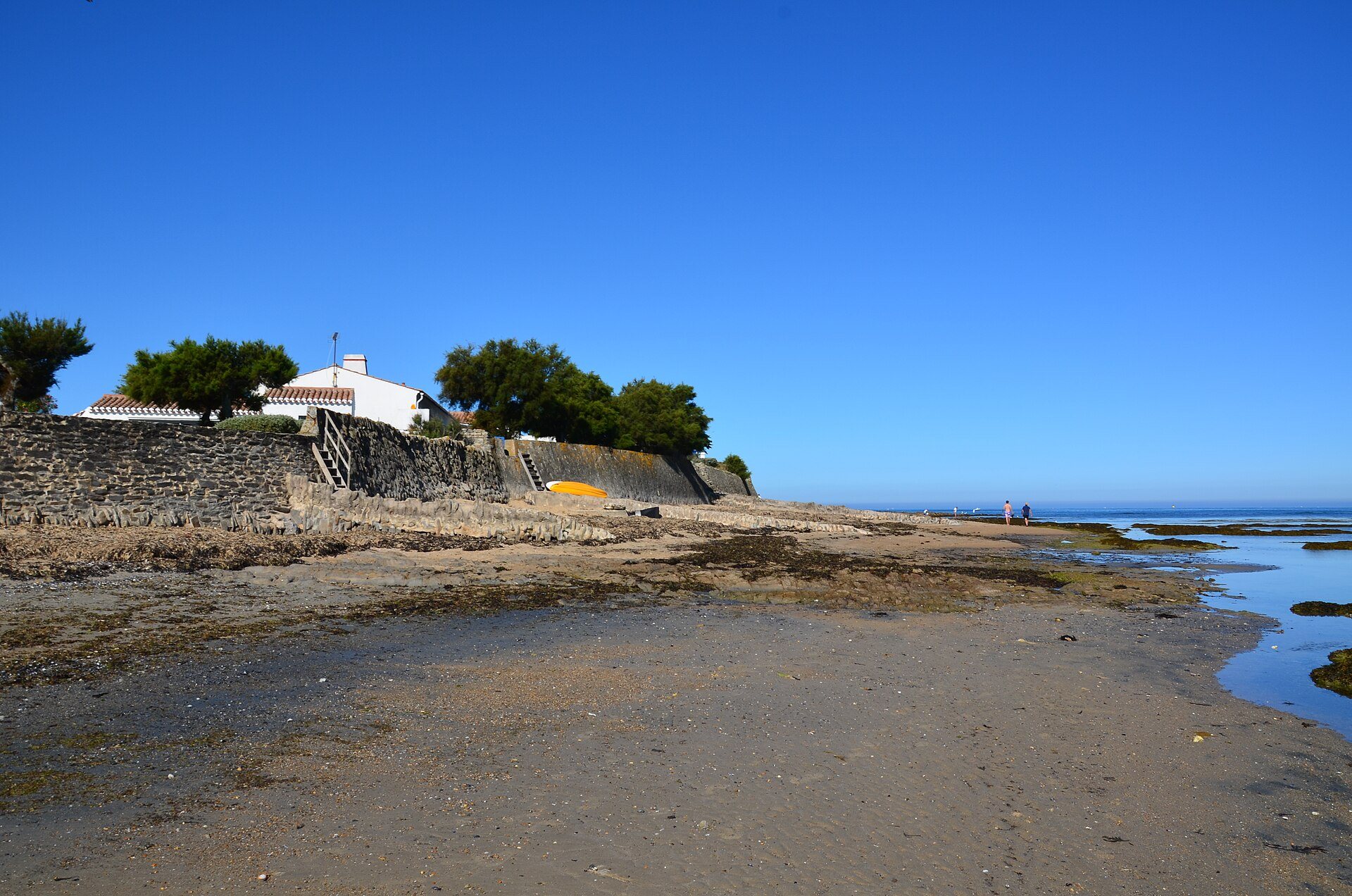 Die Plage du Vieil in Noirmoutier-en-l'Île bei Niedrigwasser: nasses Watt unter einer Mauer, dahinter ein weißes Haus und Bäume unter blauem Himmel