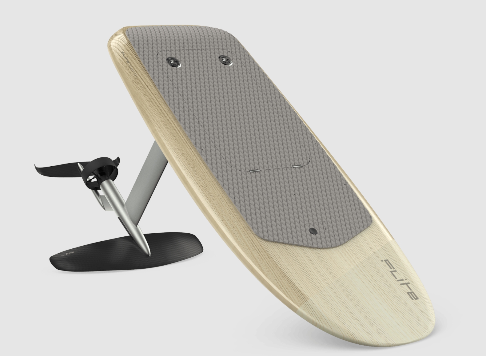 Tabla Fliteboard con cubierta de madera clara, mástil y ala delantera sobre fondo gris
