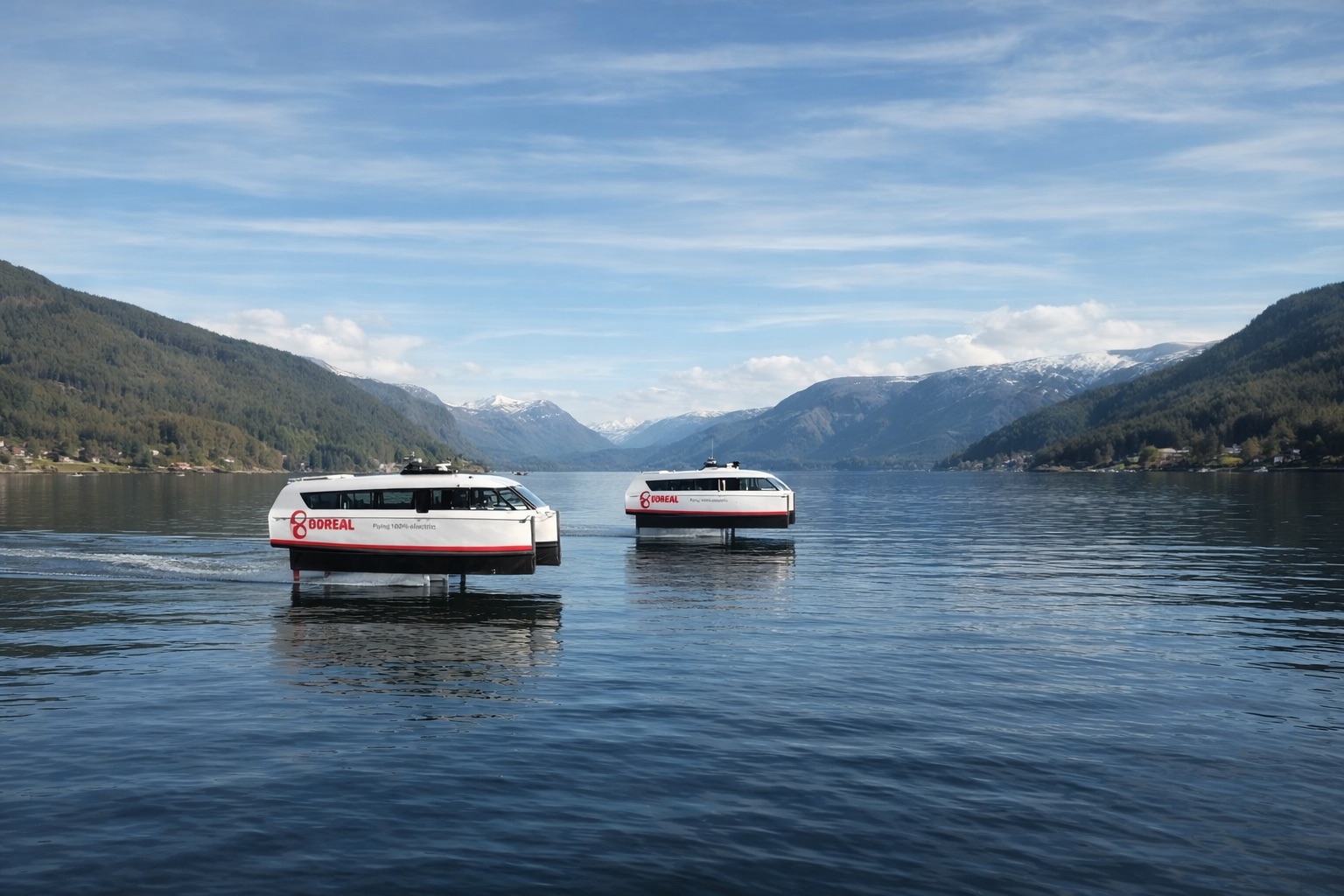 Rendering of two Candela P-12 electric foiling ferries in Boreal fleet colors flying across a Norwegian fjord