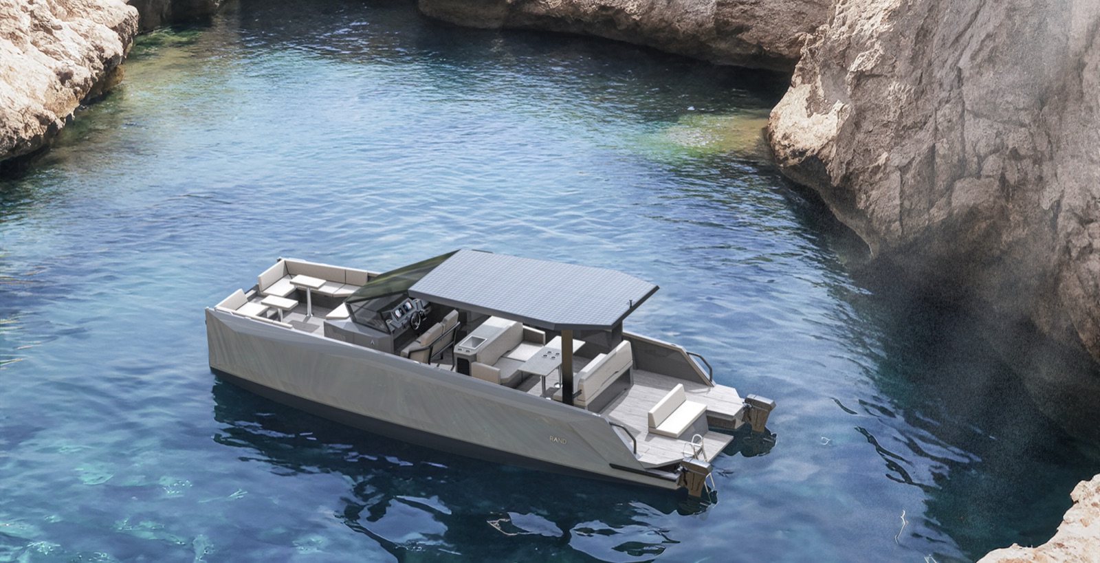 The RAND Solara 33 electric catamaran on the water